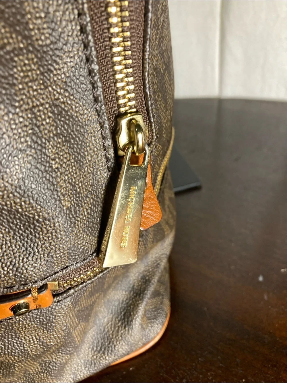 Michael Kors Brown Rhea MK Logo Backpack with Gold Hardware